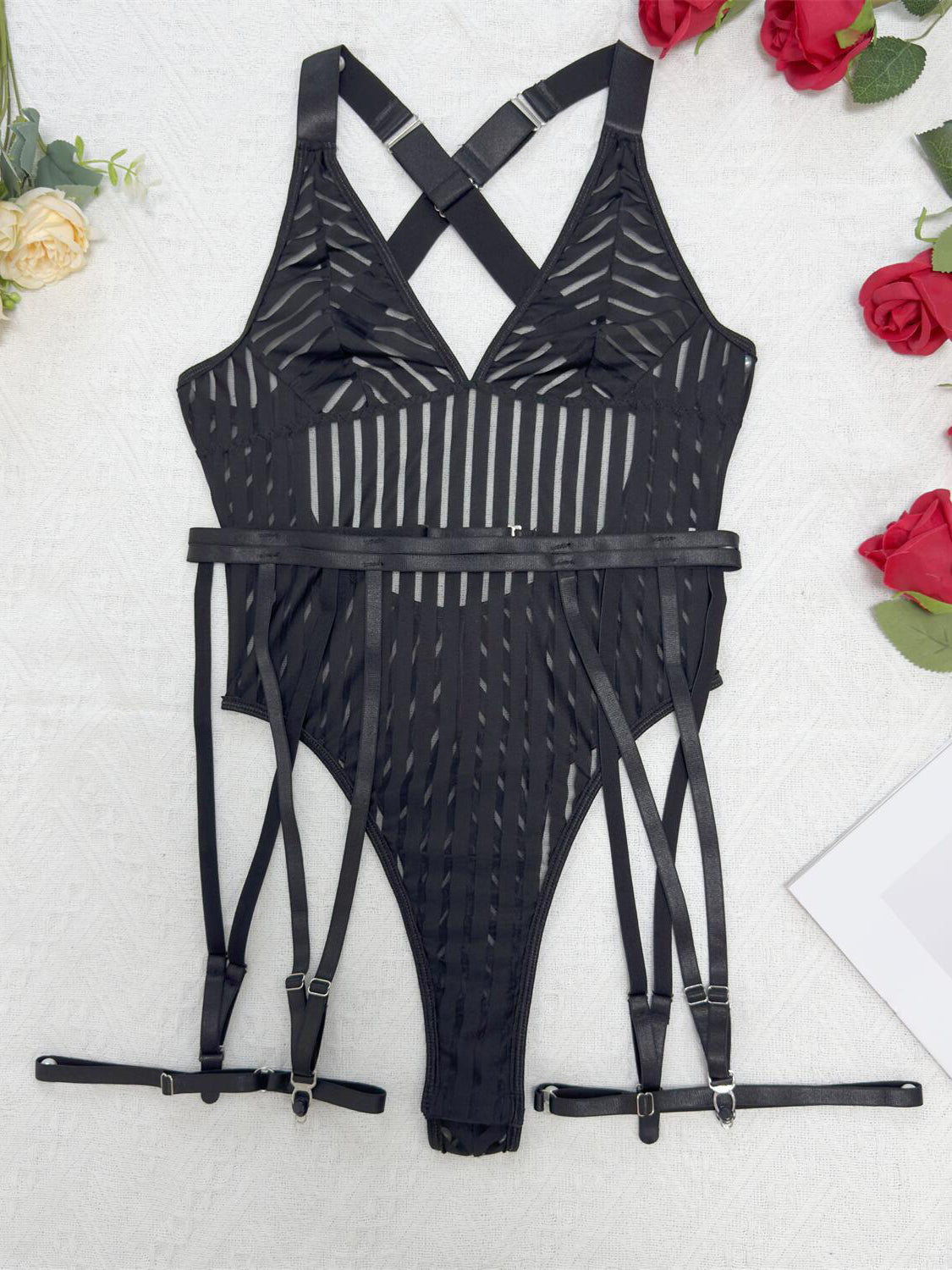 Black Sexy  Lingerie Bodysuit For Women V-neck Mesh Bodysuit