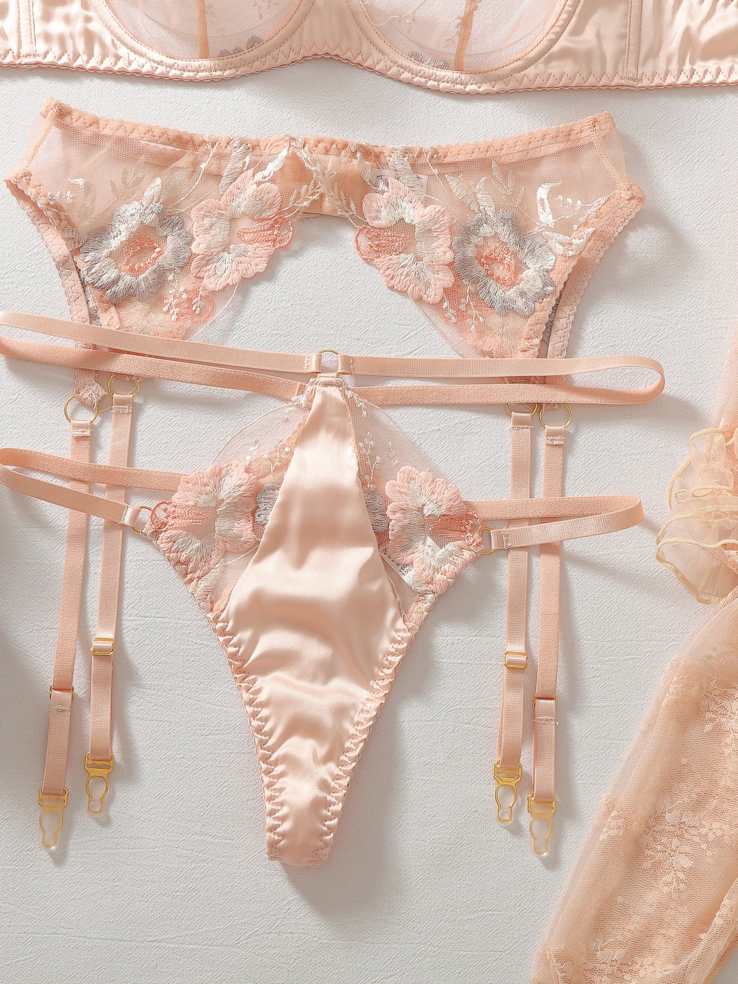 Sexy lace floral embroidery lingerie set with thigh-highs