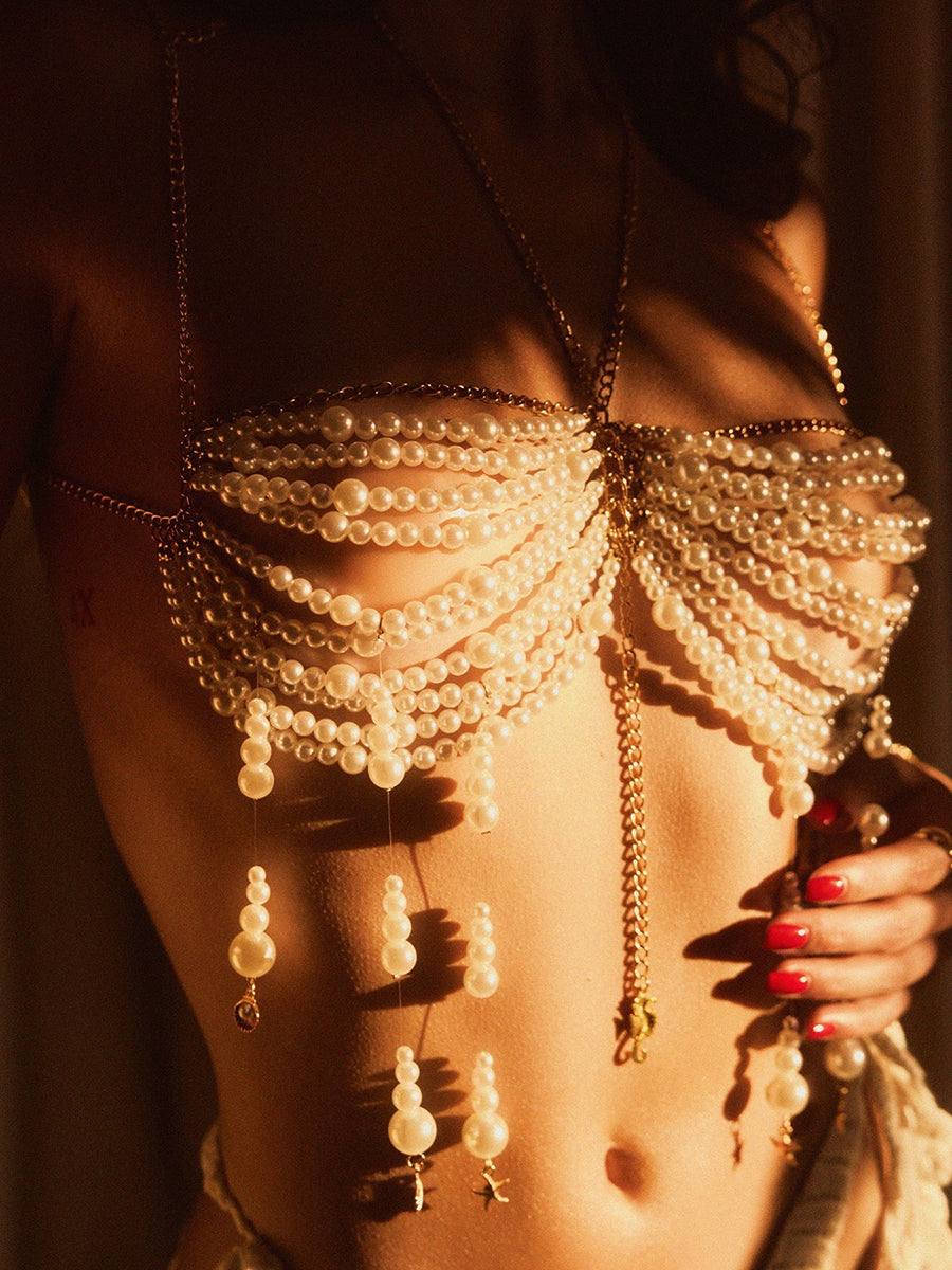 Elegant Pearl Beaded Halter Top with Tassel Body Chain