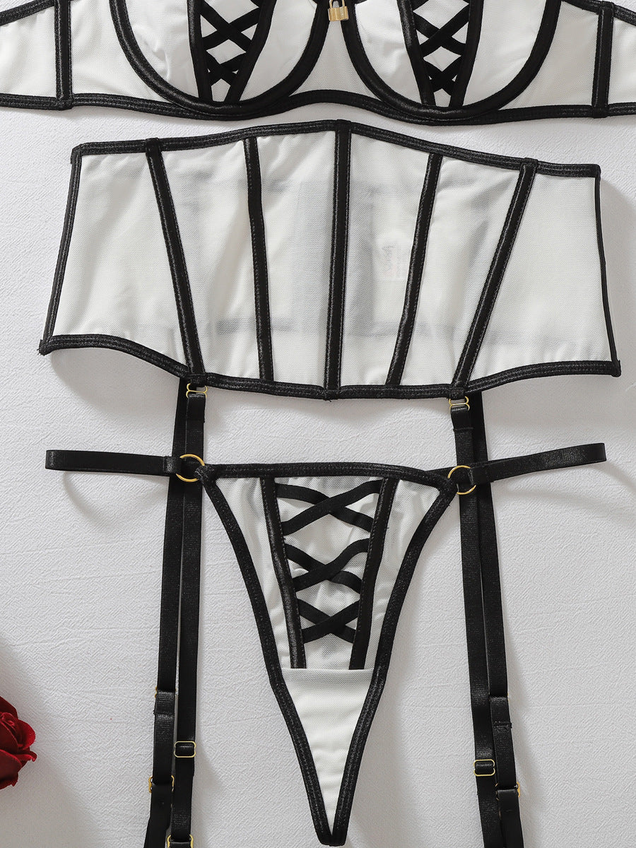 Sexy sheer mesh boned corset lingerie set