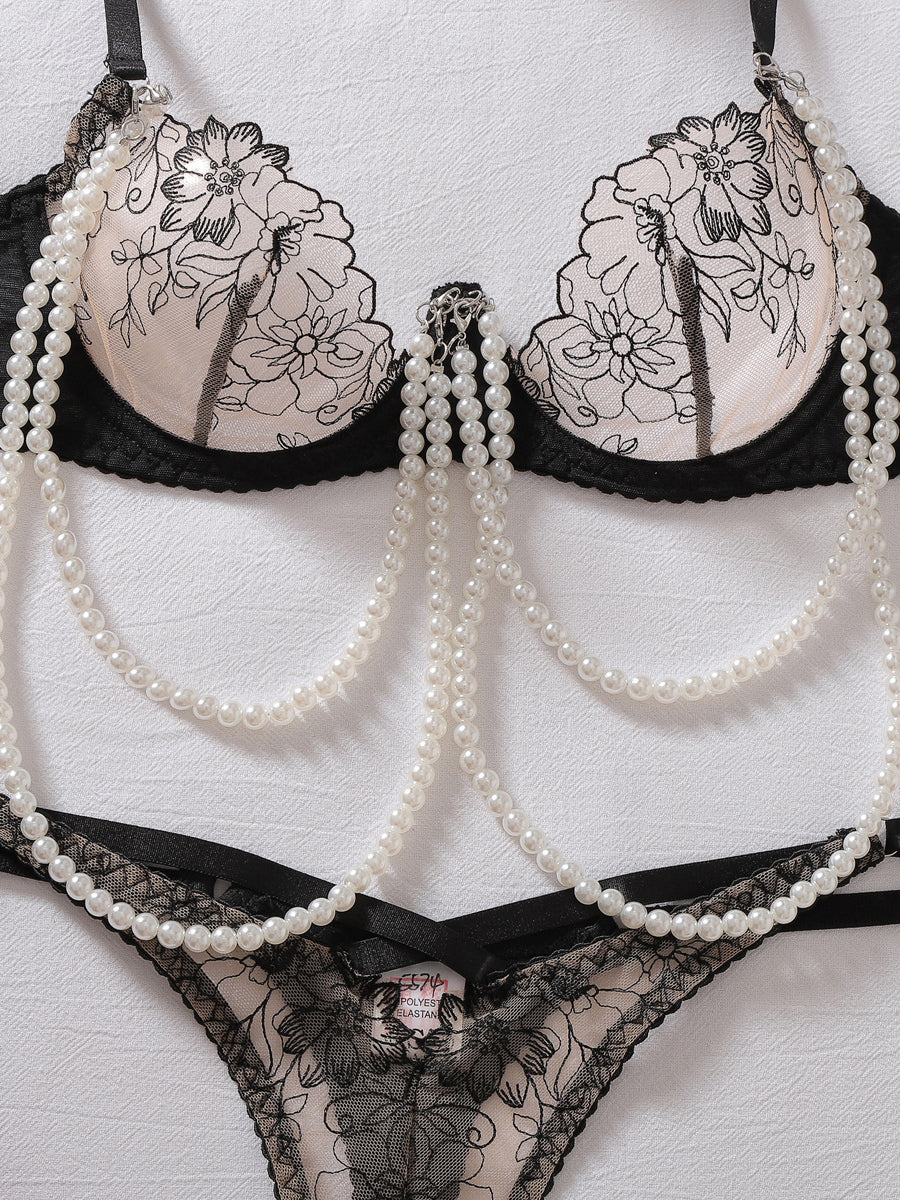 Sexy sheer floral-embroidered lingerie set with pearl chain detailing
