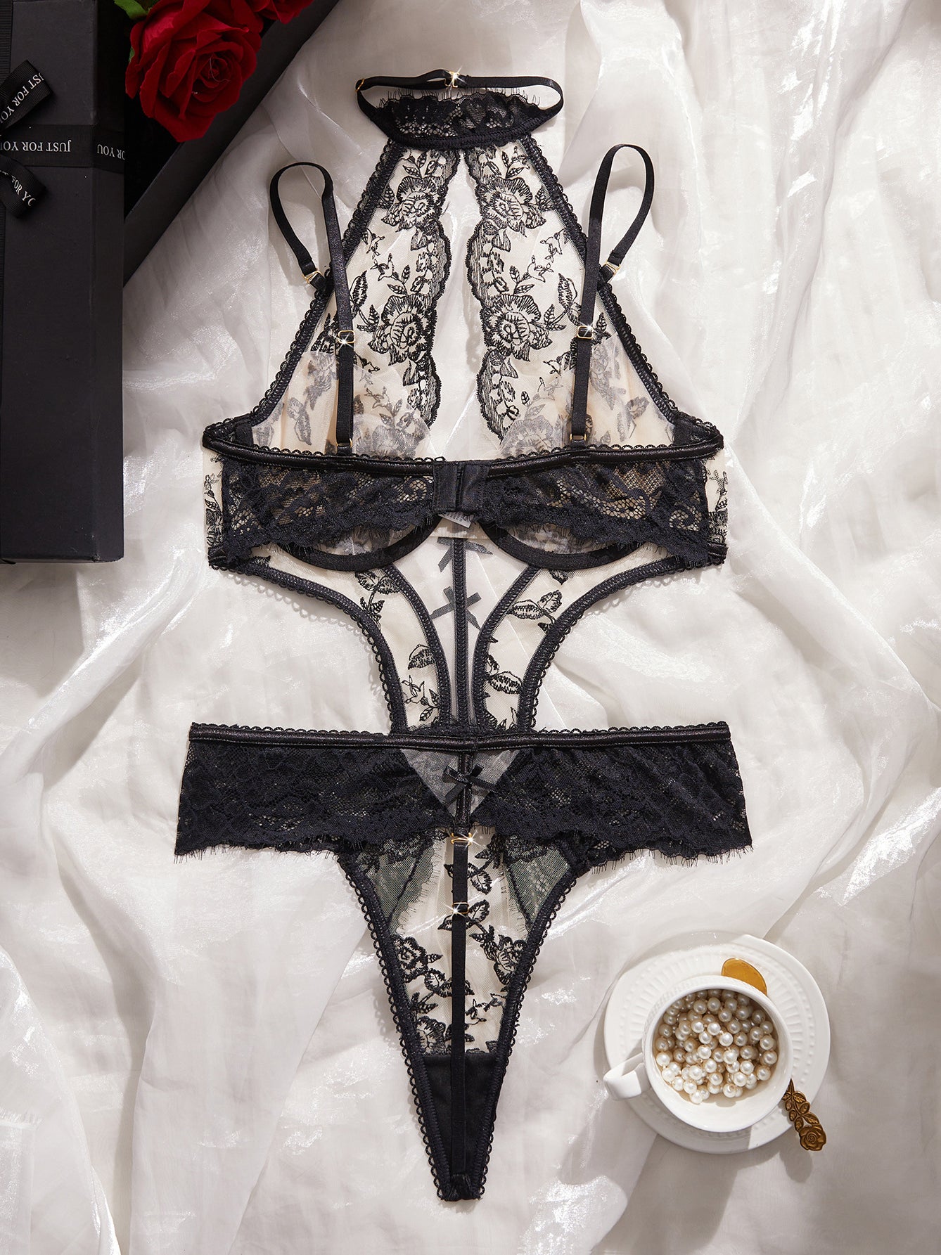 Sexy floral embroidered bow bodysuit