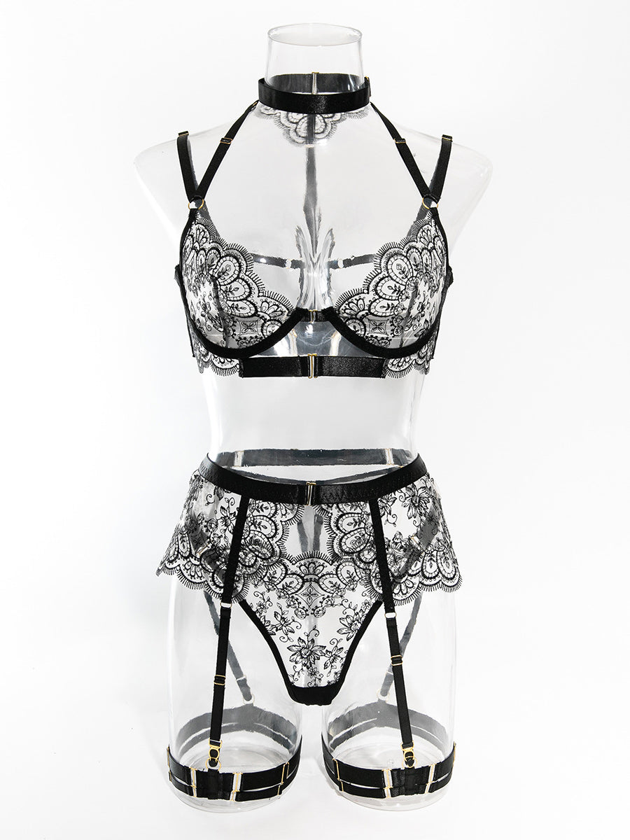 Hot sexy lingerie embroidery splicing garter mesh five-piece set