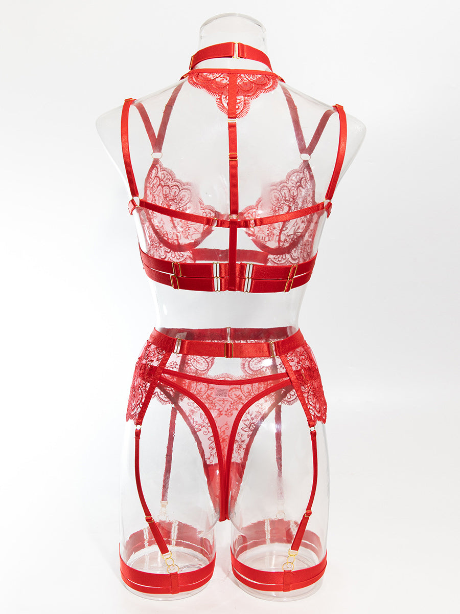 Hot sexy lingerie embroidery splicing garter mesh five-piece set