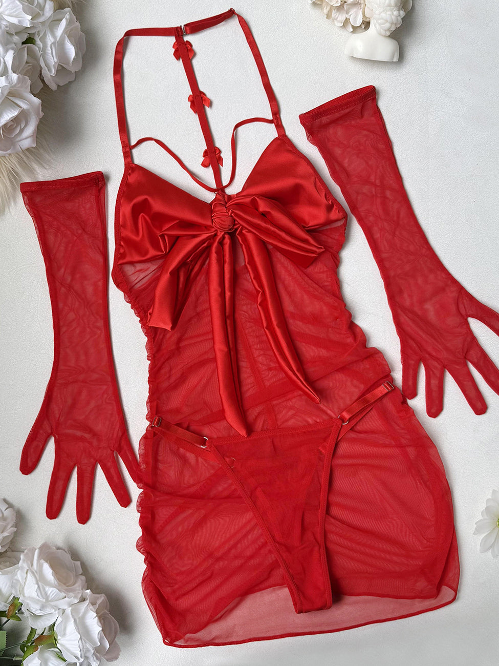 Sexy sheer mesh bow-accented lingerie set with matching gloves